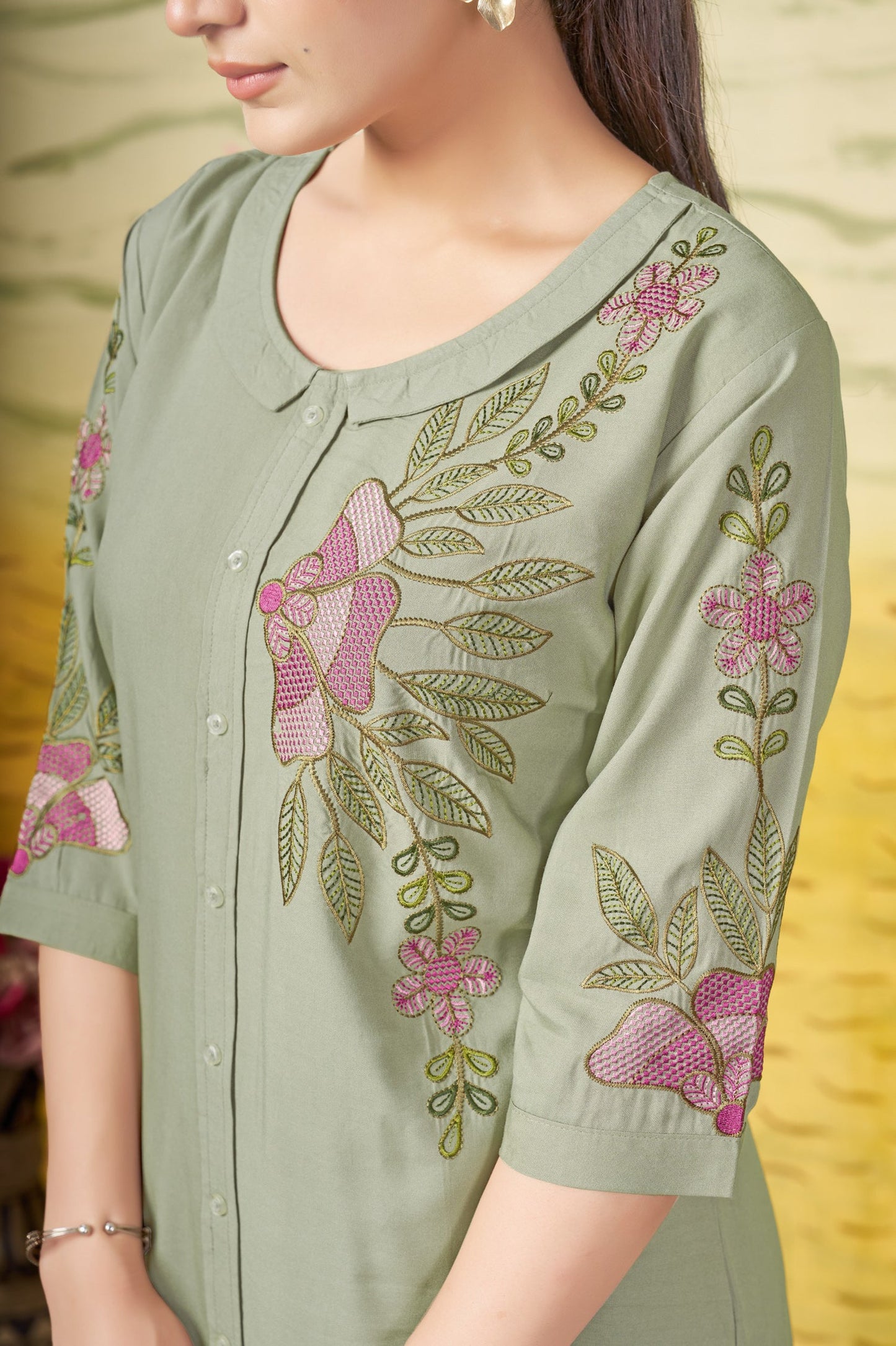 Lorenvalley Fashion Green Heavy Rayon Multi Embroidery Thread Work Co-Ords Set - Swadesiicart