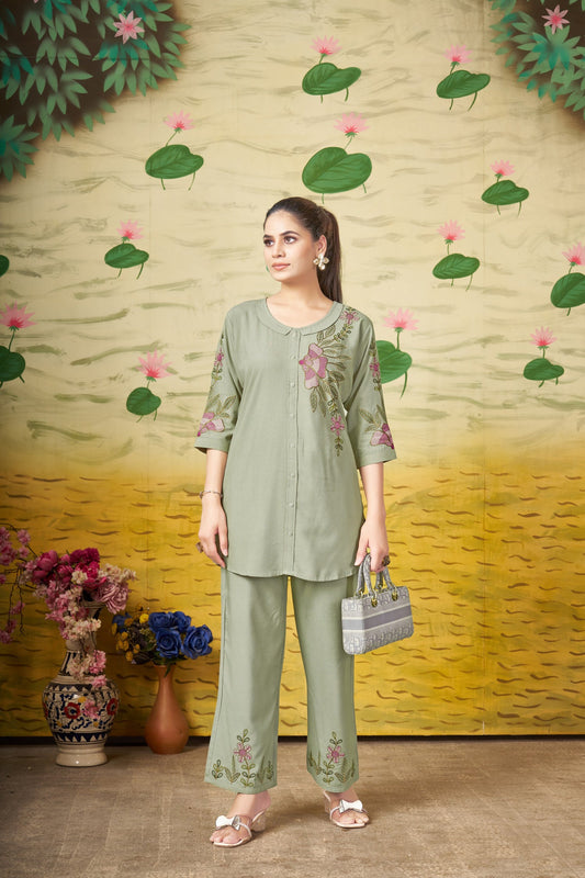 Lorenvalley Fashion Green Heavy Rayon Multi Embroidery Thread Work Co-Ords Set - Swadesiicart
