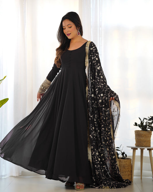 Lorenvalley Women Georgette Anarkali Gown Duppta Full Set With Pent Ready To Wear - Black | Swadesiicart