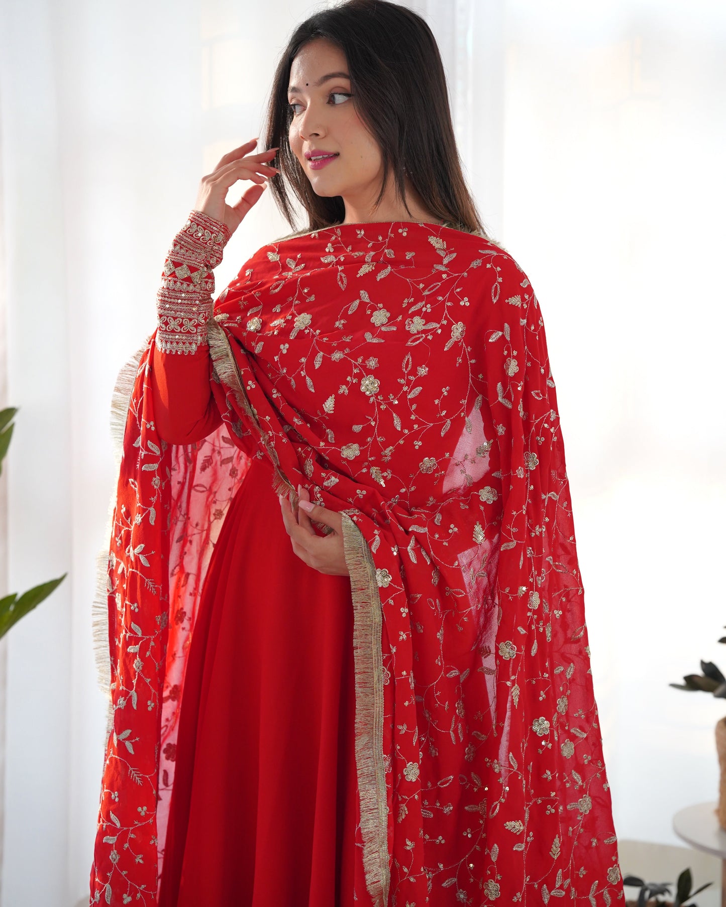 Lorenvalley Women Georgette Anarkali Gown Duppta Full Set With Pent Ready To Wear - Red | Swadesiicart