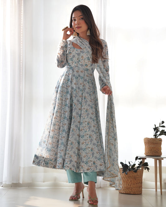 Lorenvalley Fashion Women Pure Orange Chiffon Floral Print Fully Flair Anarkali Kurta Pant With Dupatta Set - Skyblue | Swadesiicart