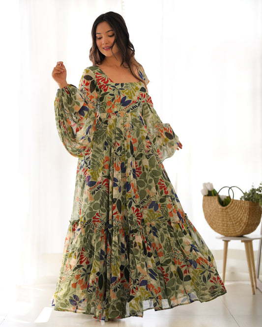 Lorenvalley Women Pure Soft Faux Georgette Floral Print Anarkali Gown - Seagreen - Swadesiicart