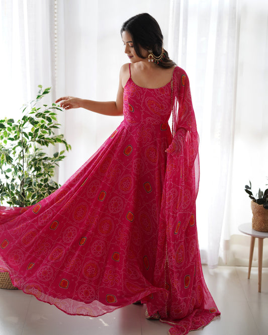 Lorenvalley Women Soft Chiffon Bandhej Fabric Print Fully Flair Anarkali With Pant Dupatta Set - Magenta | Swadesiicart