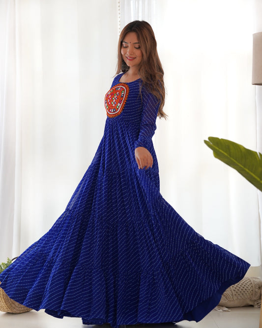 Lorenvalley Women Pure Soft Faux Georgette Leheriya Print Anarkali Gown - Blue | Swadesiicart