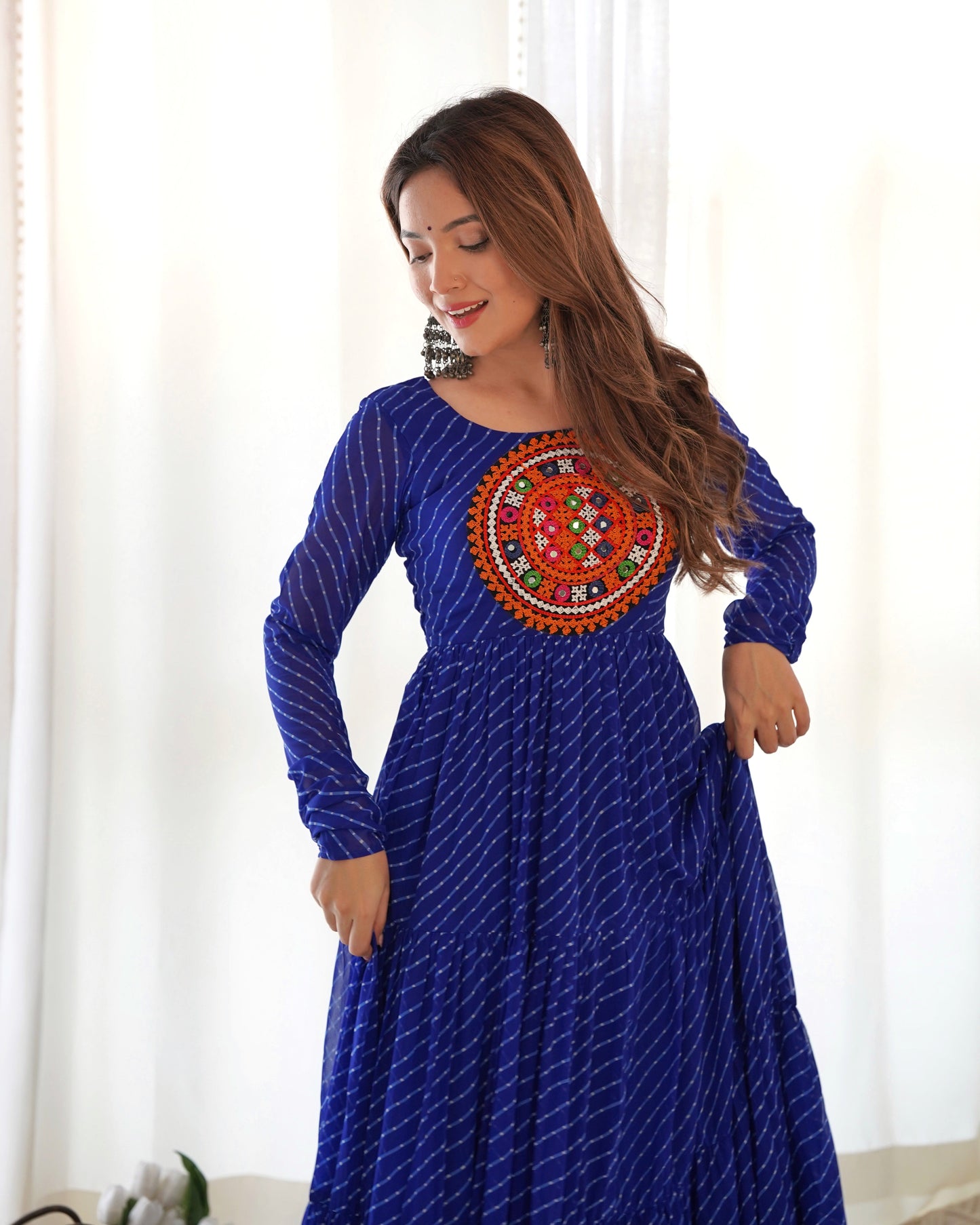 Lorenvalley Women Pure Soft Faux Georgette Leheriya Print Anarkali Gown - Blue | Swadesiicart