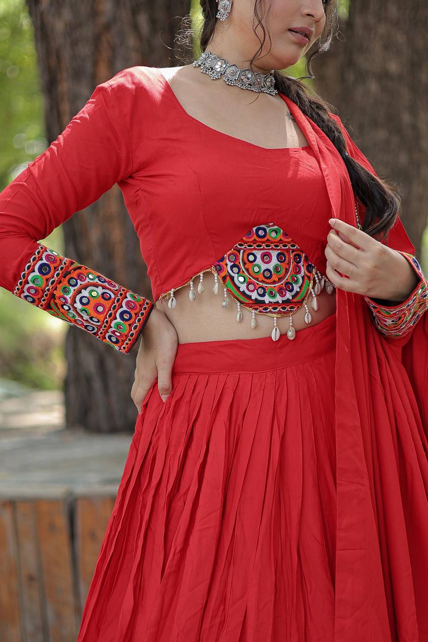 Lorenvalley Red Rayon with Real Mirror Embroidered Kutchi Thread work with codi Lehenga Choli | Swadesiicart