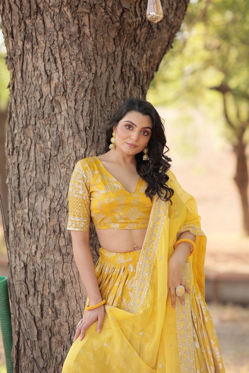 Lorenvalley Yellow Pure Viscose Jacquard with Embroidered Sequins work Lehenga Choli | Swadesiicart