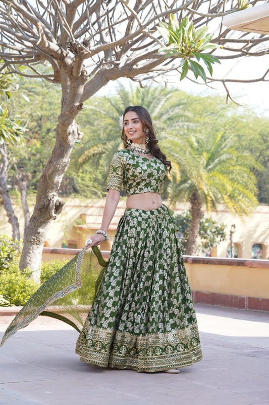 Lorenvalley Green Pure Viscose Jacquard with Embroidered Sequins work Lehenga Choli | Swadesiicart