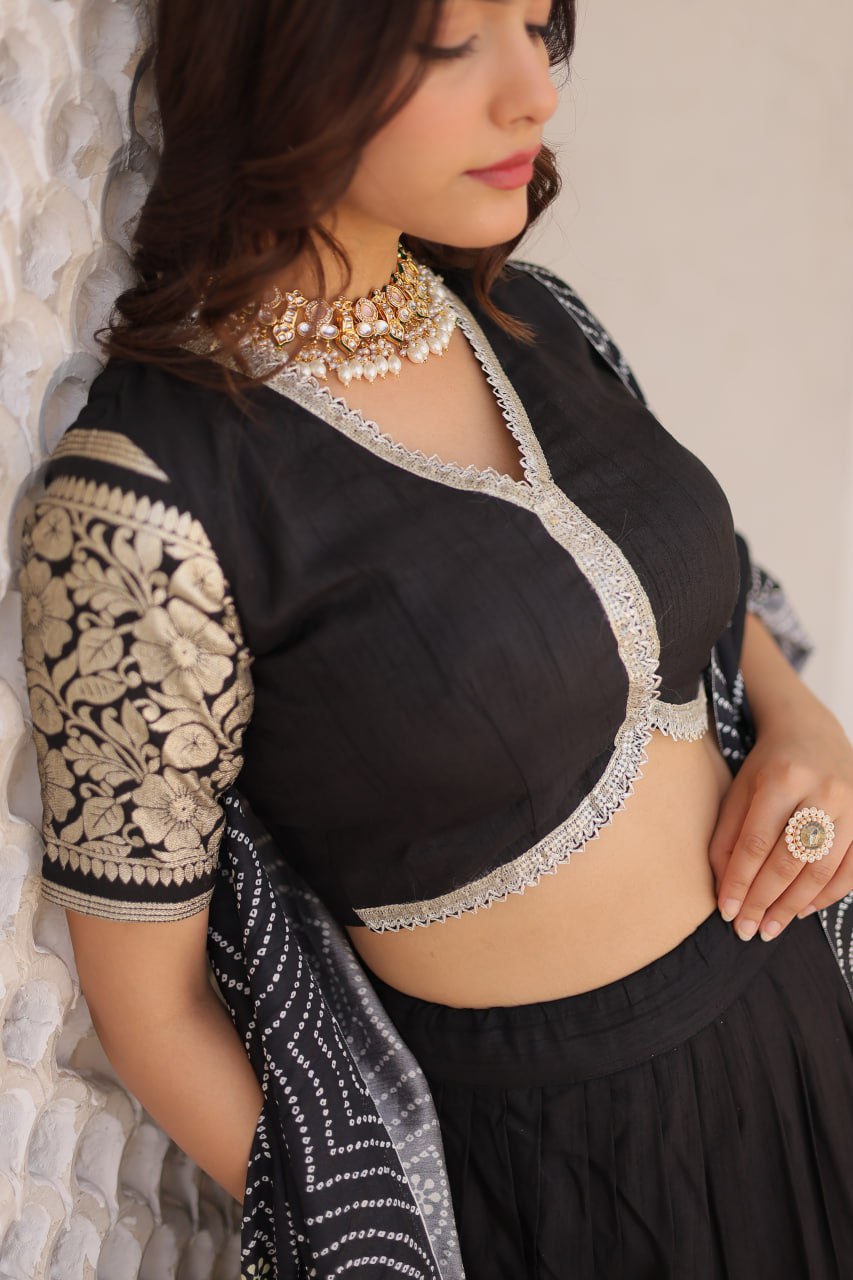 Lorenvalley Black Viscose Jacquard Lehenga Choli with Gajji silk Dupatta | Swadesiicart