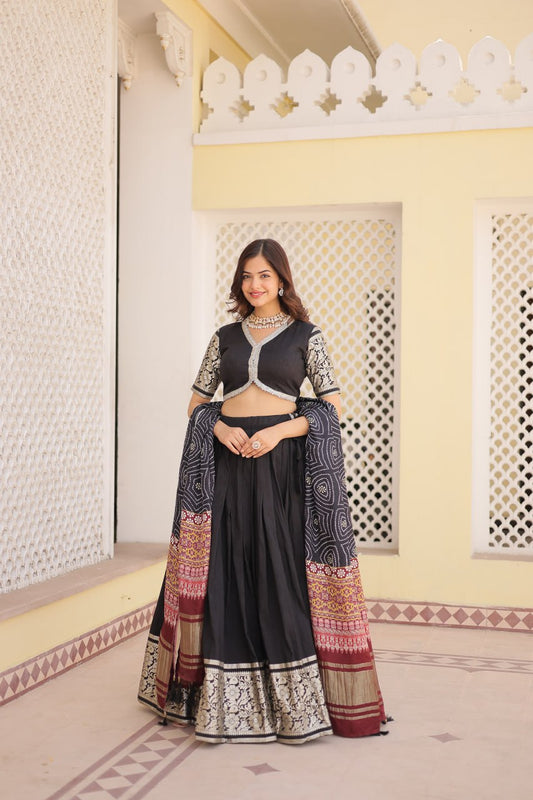 Lorenvalley Black Viscose Jacquard Lehenga Choli with Gajji silk Dupatta | Swadesiicart