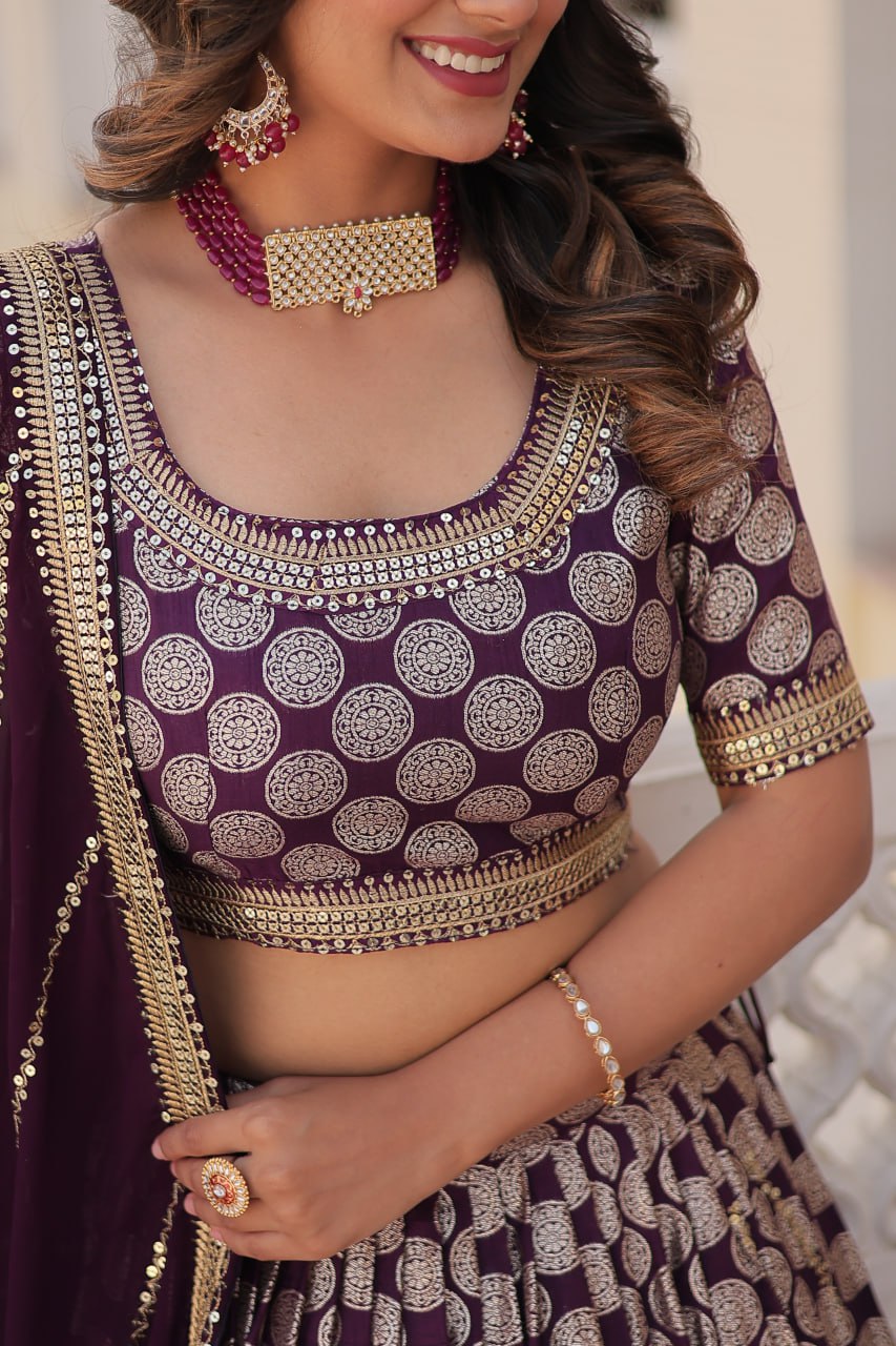 Lorenvalley Purple Pure Viscose Jacquard with Embroidered Sequins work Lehenga Choli | Swadesiicart