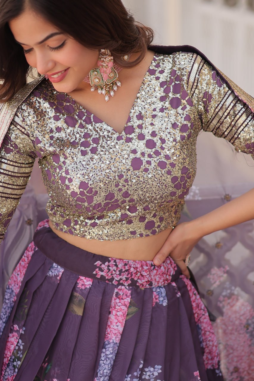 Lorenvalley Purple Russian Silk Digital Printed with Embroidered Sequins work Lehenga Choli | Swadesiicart