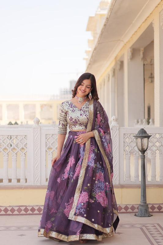 Lorenvalley Purple Russian Silk Digital Printed with Embroidered Sequins work Lehenga Choli | Swadesiicart