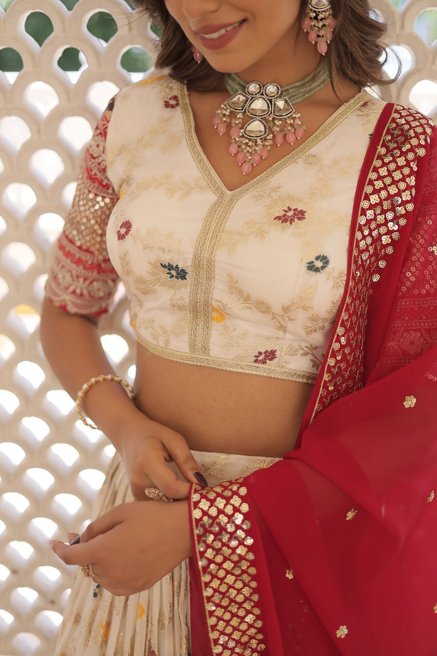 Lorenvalley Cream Pure Viscose Jacquard with 2D Dyeing and Embroidered Sequins work Lehenga Choli | Swadesiicart
