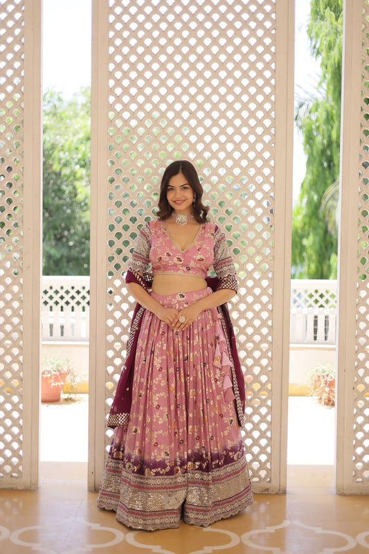 Lorenvalley Pink Pure Viscose Jacquard with 2D Dyeing and Embroidered Sequins work Lehenga Choli | Swadesiicart
