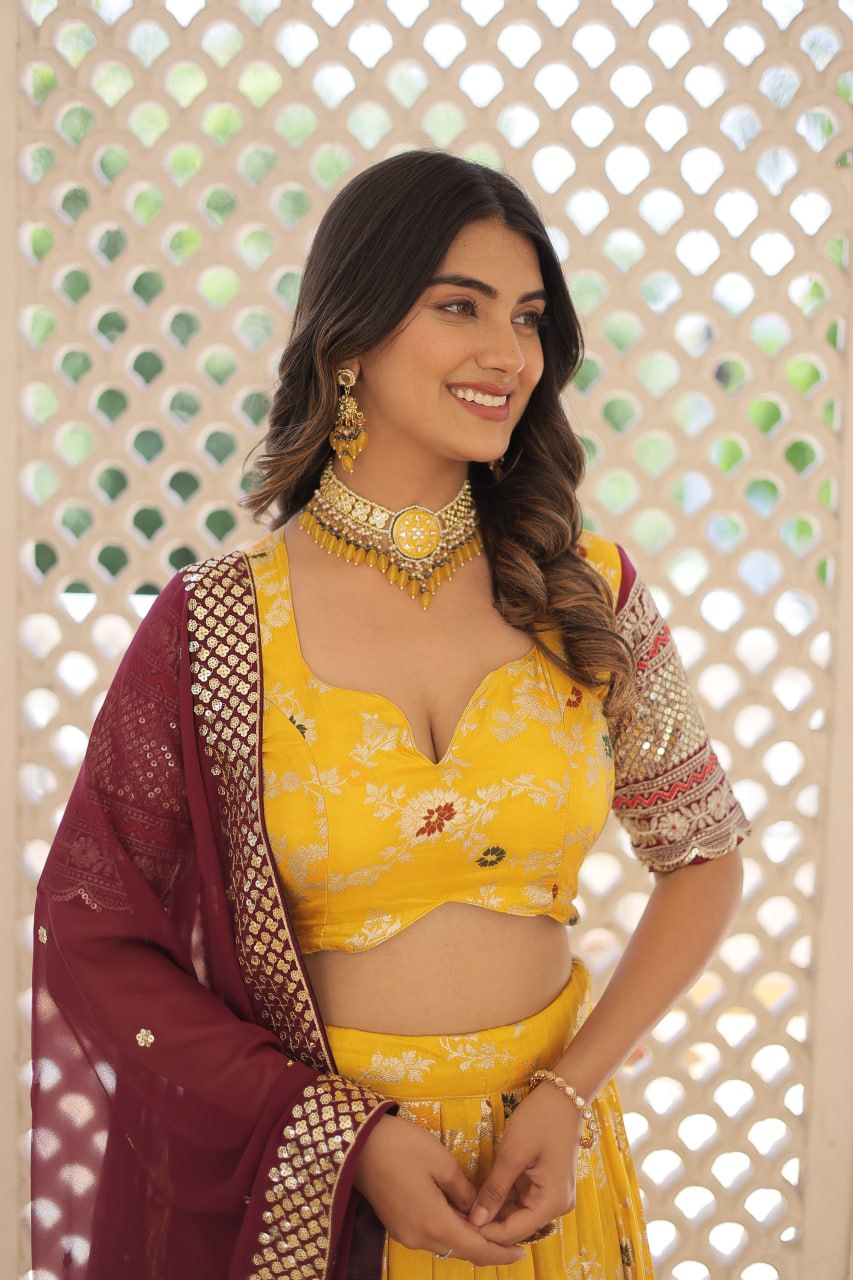 Lorenvalley Yellow Pure Viscose Jacquard with 2D Dyeing and Embroidered Sequins work Lehenga Choli | Swadesiicart