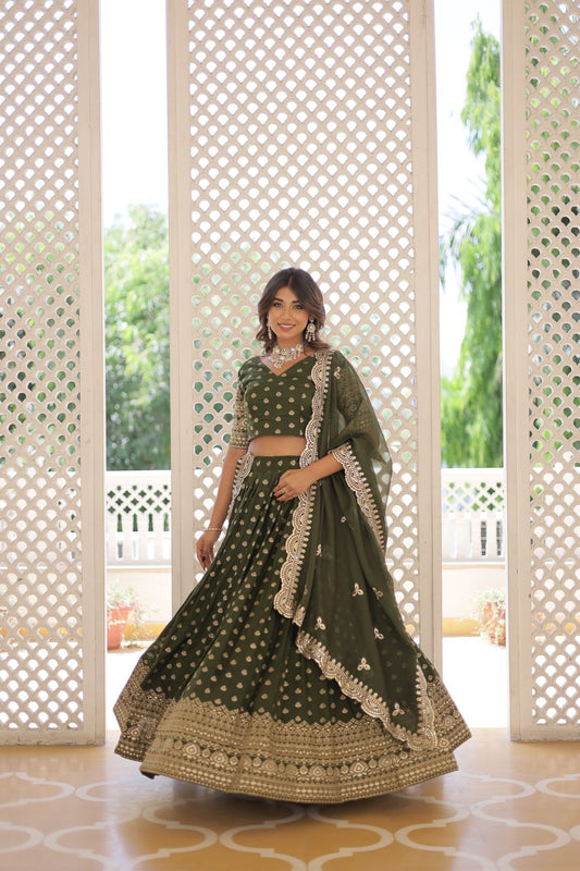 Lorenvalley Green Pure Viscose Jacquard with Double Zari work Lehenga Choli | Swadesiicart
