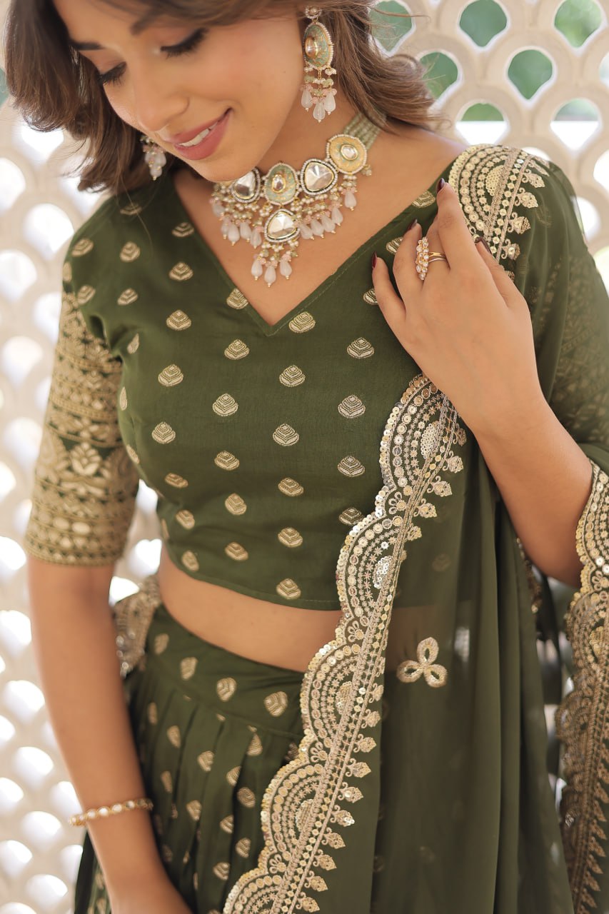 Lorenvalley Green Pure Viscose Jacquard with Double Zari work Lehenga Choli | Swadesiicart