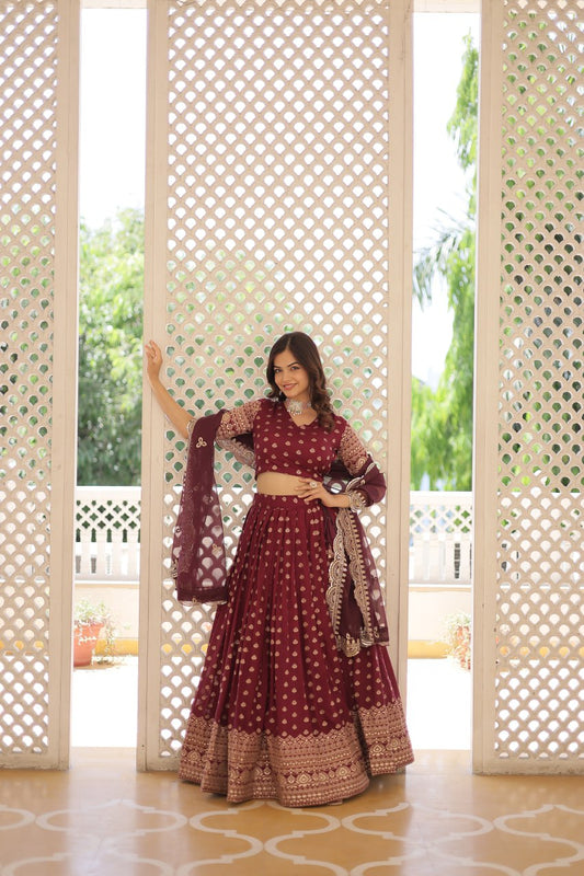 Lorenvalley Maroon Pure Viscose Jacquard with Double Zari work Lehenga Choli | Swadesiicart