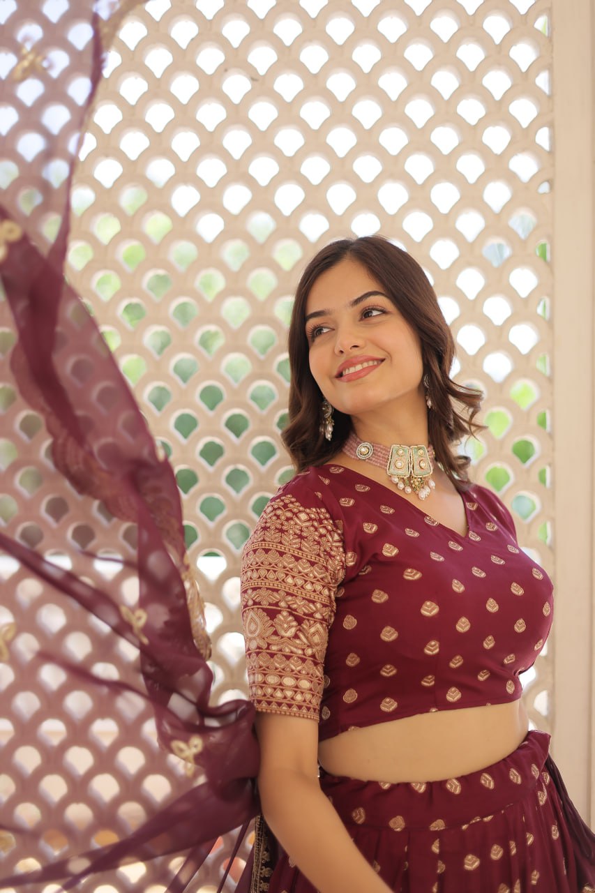 Lorenvalley Maroon Pure Viscose Jacquard with Double Zari work Lehenga Choli | Swadesiicart