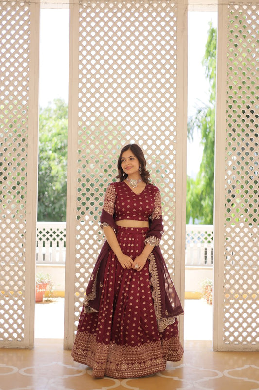 Lorenvalley Maroon Pure Viscose Jacquard with Double Zari work Lehenga Choli | Swadesiicart