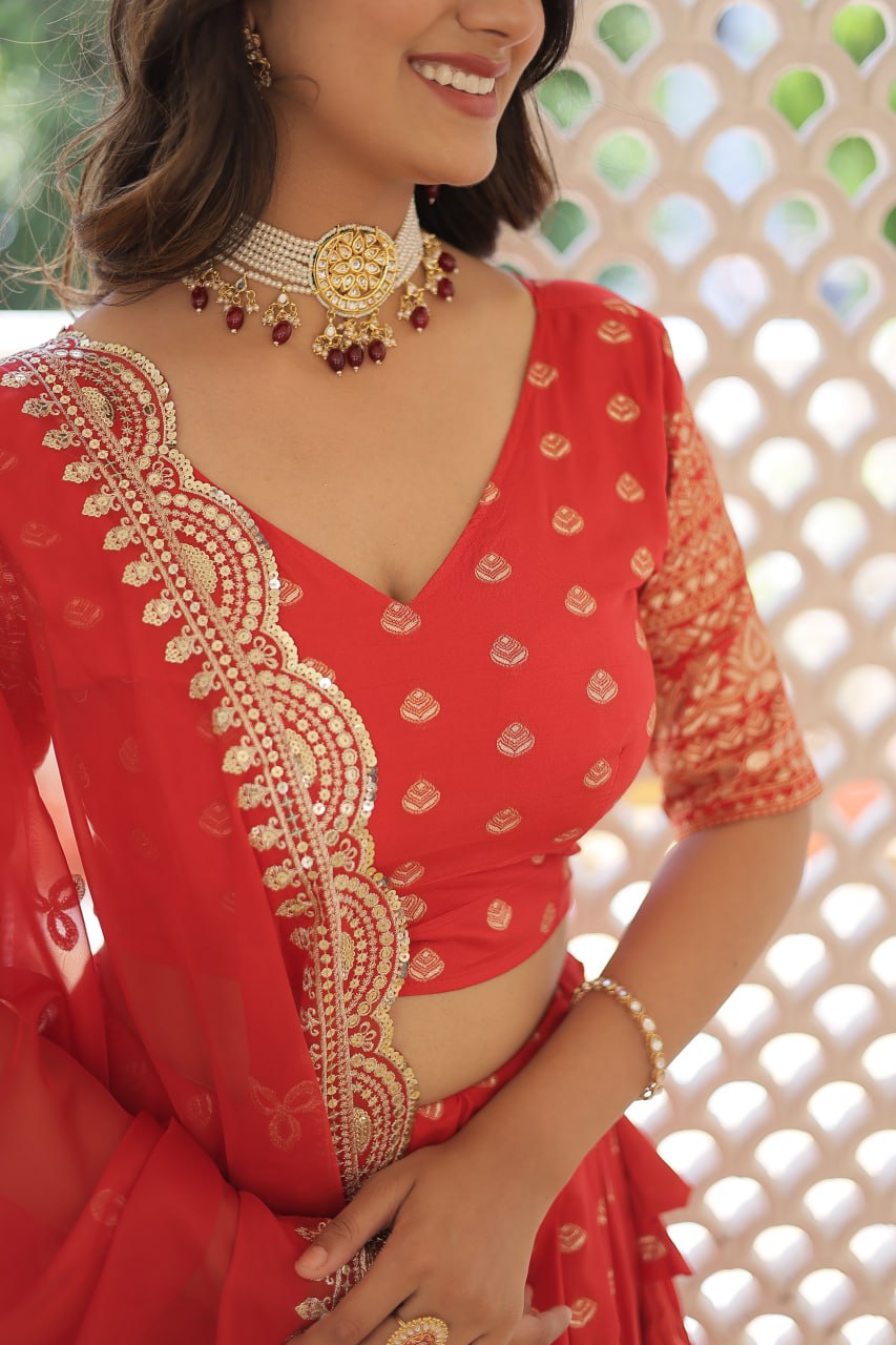 Lorenvalley Red Pure Viscose Jacquard with Double Zari work Lehenga Choli | Swadesiicart
