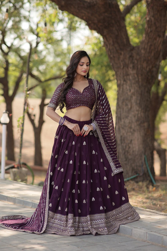 Lorenvalley Purple Faux Blooming Georgette with Sequins & Thread Embroidered work Lehenga Choli