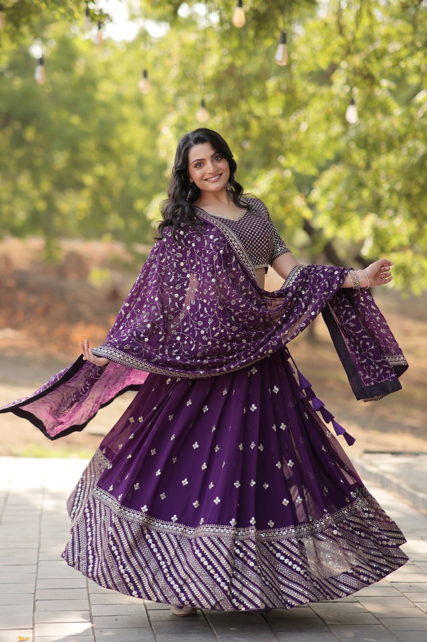 Lorenvalley Purple Faux Blooming Georgette with Sequins & Thread Embroidered work Lehenga Choli | Swadesiicart