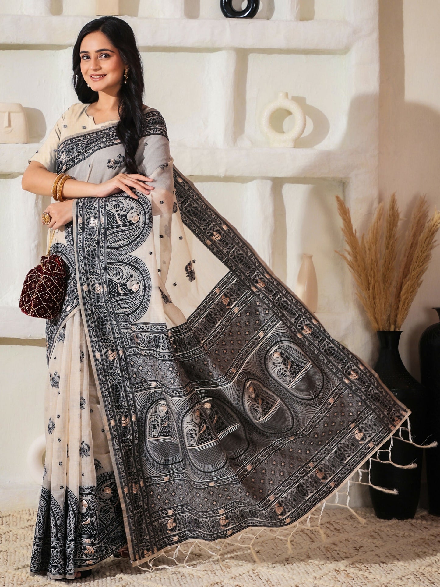 Shree Shyam Fashion Linen Cotton Black & Cream Saree