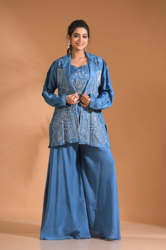 Morchari 3Pc Palazzo Set With Hand Embroidery - Beige - Swadesiicart