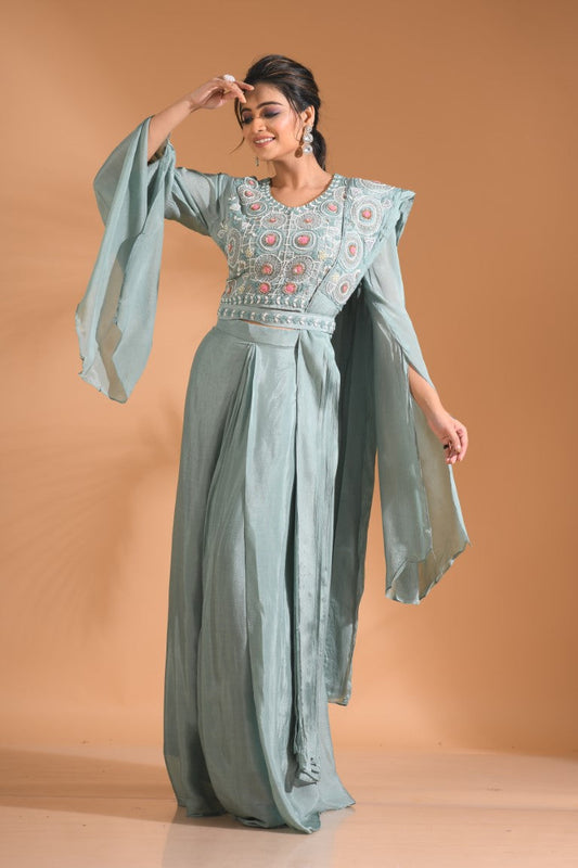 Morchari Co Ord Set With Dupatta Hand Embroidery - Blue - Swadesiicart