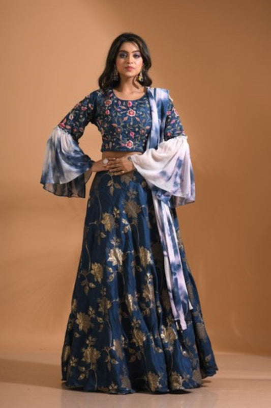 Morchari Crop Top With Tie & Dye Dupatta Hand Embroidery - Blue - Swadesiicart