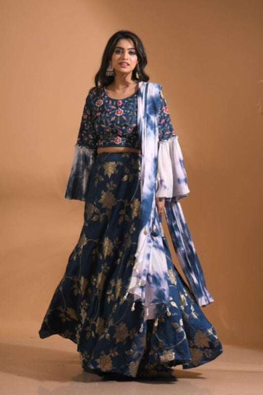 Morchari Crop Top With Tie & Dye Dupatta Hand Embroidery - Blue - Swadesiicart