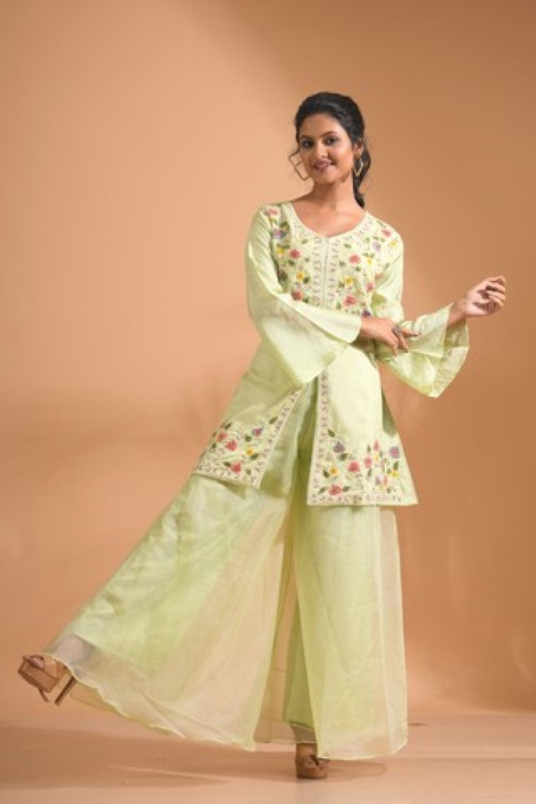 Morchari Co Ord Set With Hand Embroidery - Green - Swadesiicart