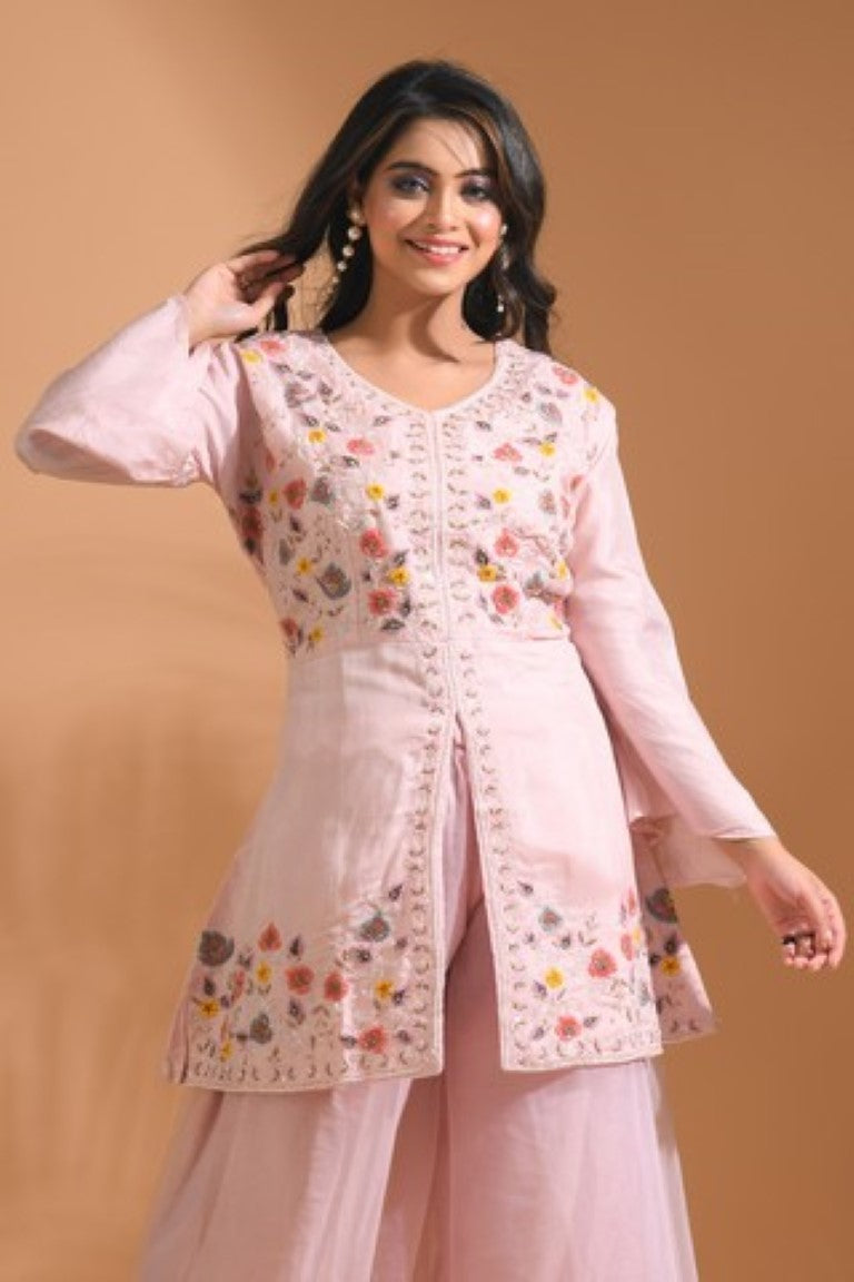 Morchari Co Ord Set With Hand Embroidery - Light Peach - Swadesiicart