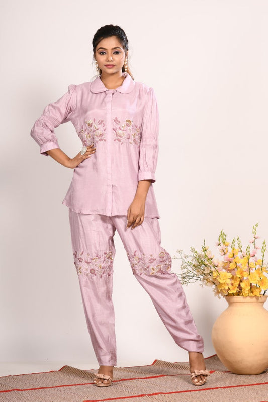 Morchari Co Ord Set With Hand Embroidery - Purple - Swadesiicart