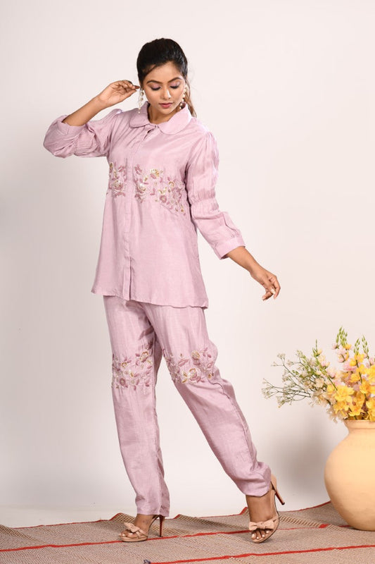 Morchari Co Ord Set With Hand Embroidery - Purple - Swadesiicart