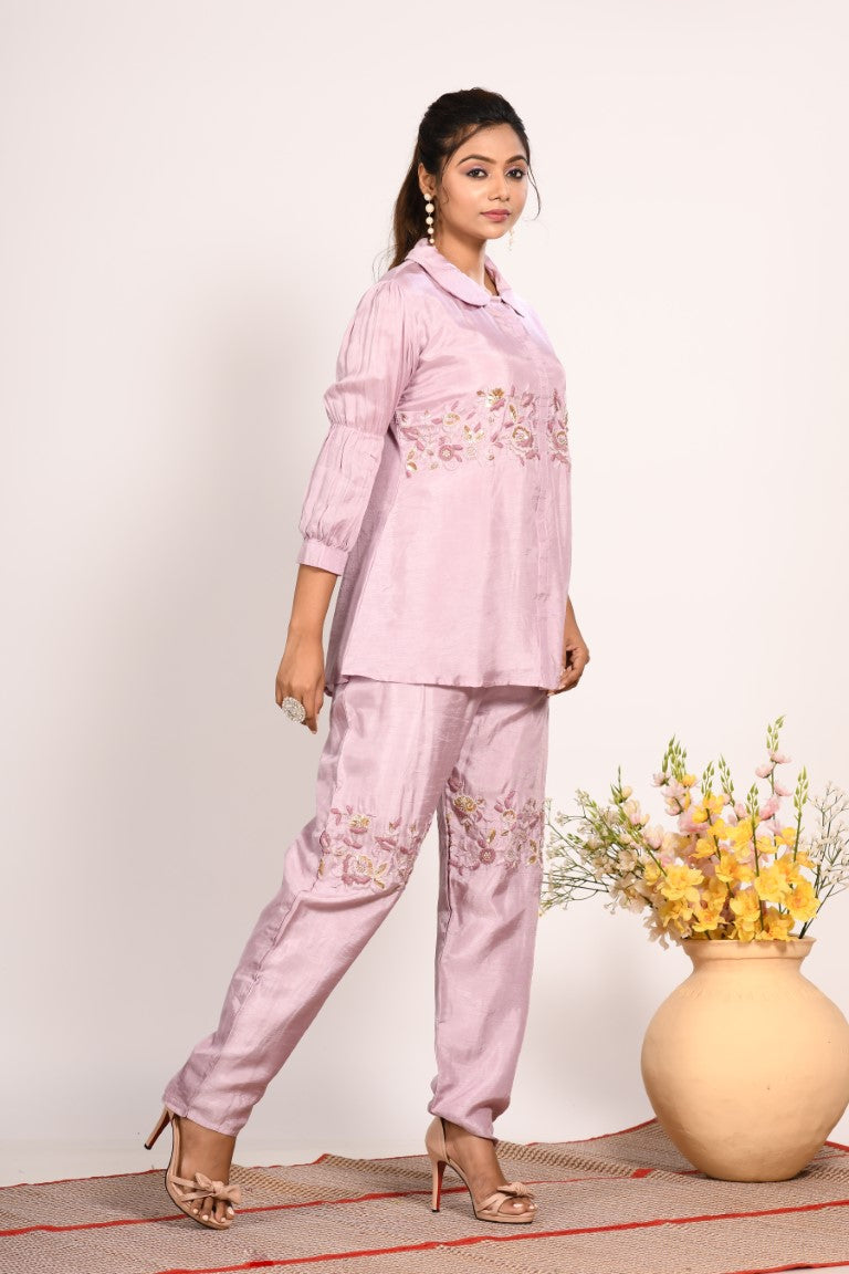 Morchari Co Ord Set With Hand Embroidery - Purple - Swadesiicart
