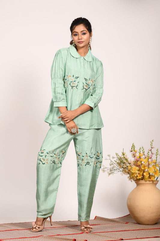 Morchari Co Ord Set With Hand Embroidery - Green - Swadesiicart