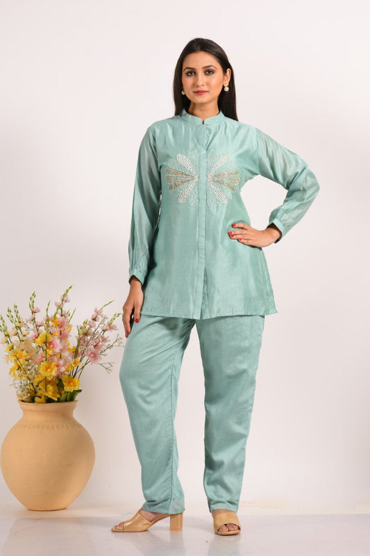 Morchari Co Ord Set With Hand Embroidery - Sky Blue - Swadesiicart