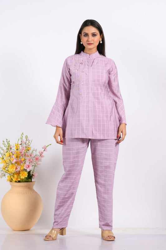 Morchari Co Ord Set With Hand Embroidery - Light Purple - Swadesiicart