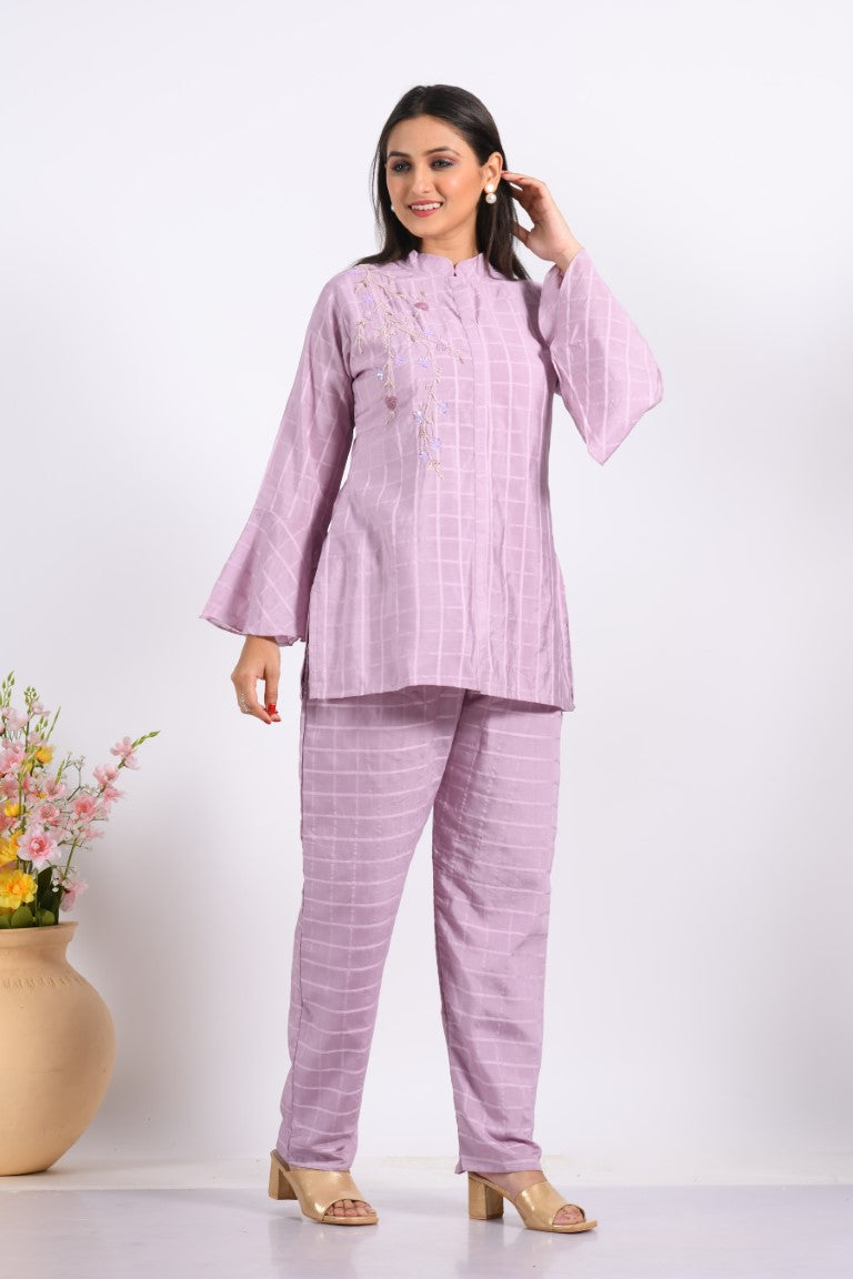 Morchari Co Ord Set With Hand Embroidery - Light Purple - Swadesiicart