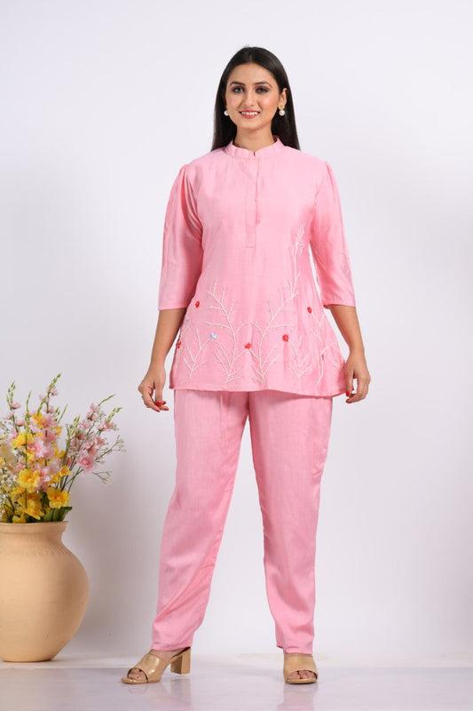 Morchari Co Ord Set With Hand Embroidery - Pink - Swadesiicart