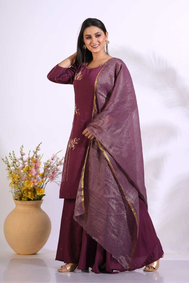 Morchari Palazzo With Long Pant & Dupatta With Hand Embroidery - Maroon - Swadesiicart