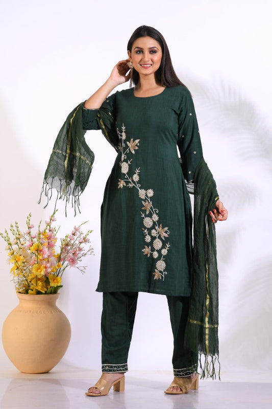 Morchari Long Top With Straight Paint & Hand Embroidery - Green - Swadesiicart