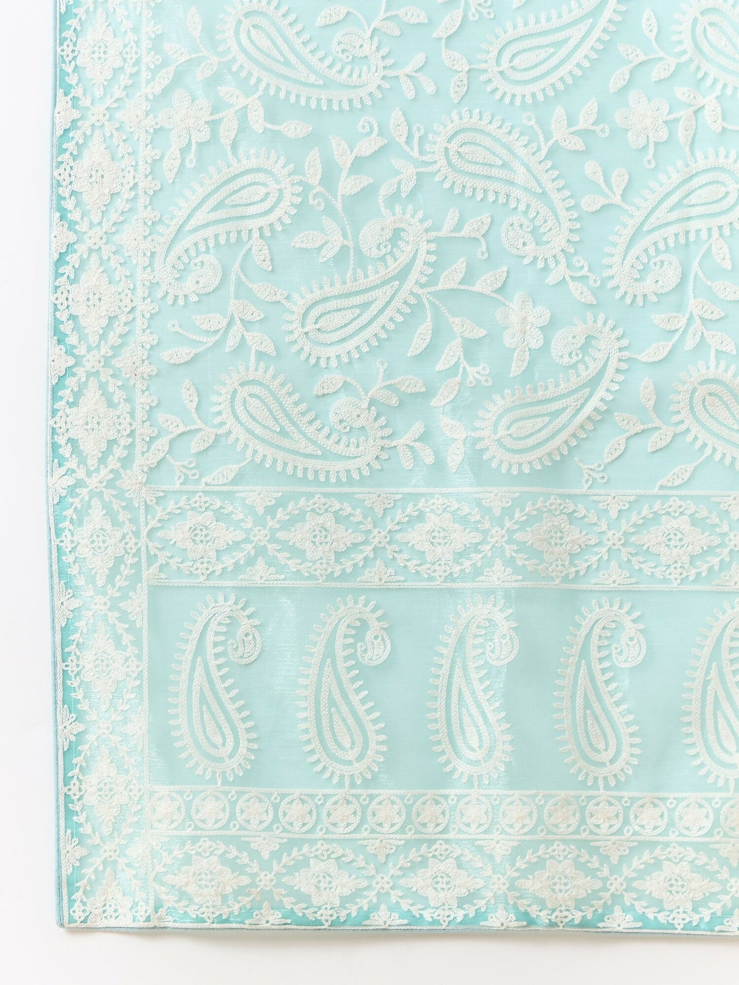 Blue Organza Paisely Embroidered Saree with Unstitched Blouse Piece - Roozal
