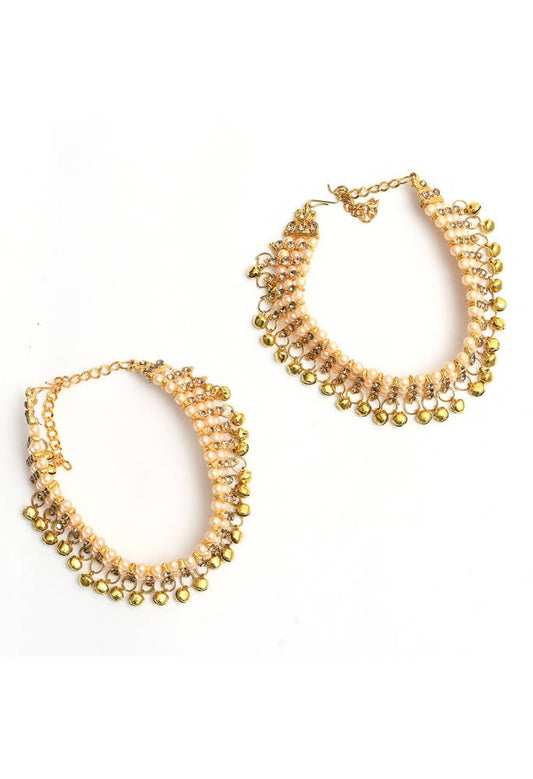 Mominos Fashion Kamal Johar Gold-Polished Pearls Anklets With Muvvas | Swadesiicart