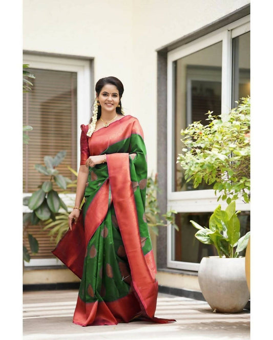 DEIANA'S Beautiful Designer Golden zari Soft Lichi Silk Saree - Light Green - Swadesiicart