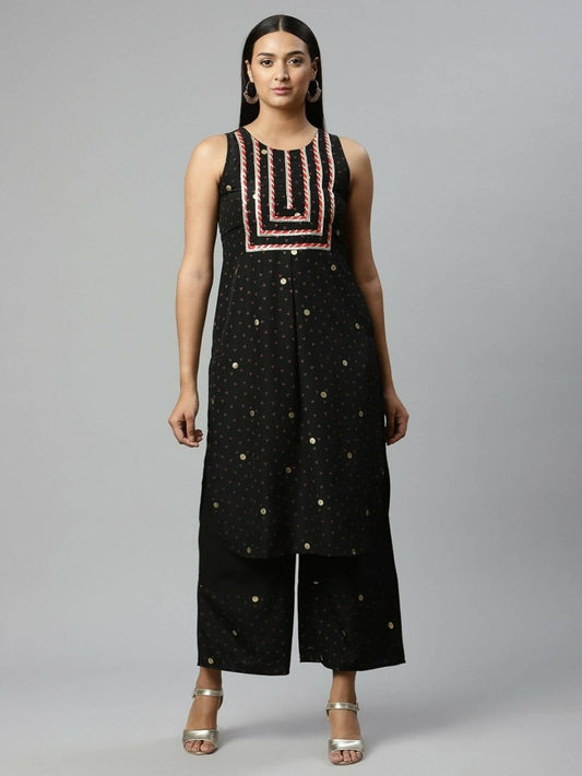 Ahalyaa Womens Black Crepe Printed Kurta Palazzo Set | Swadesiicart
