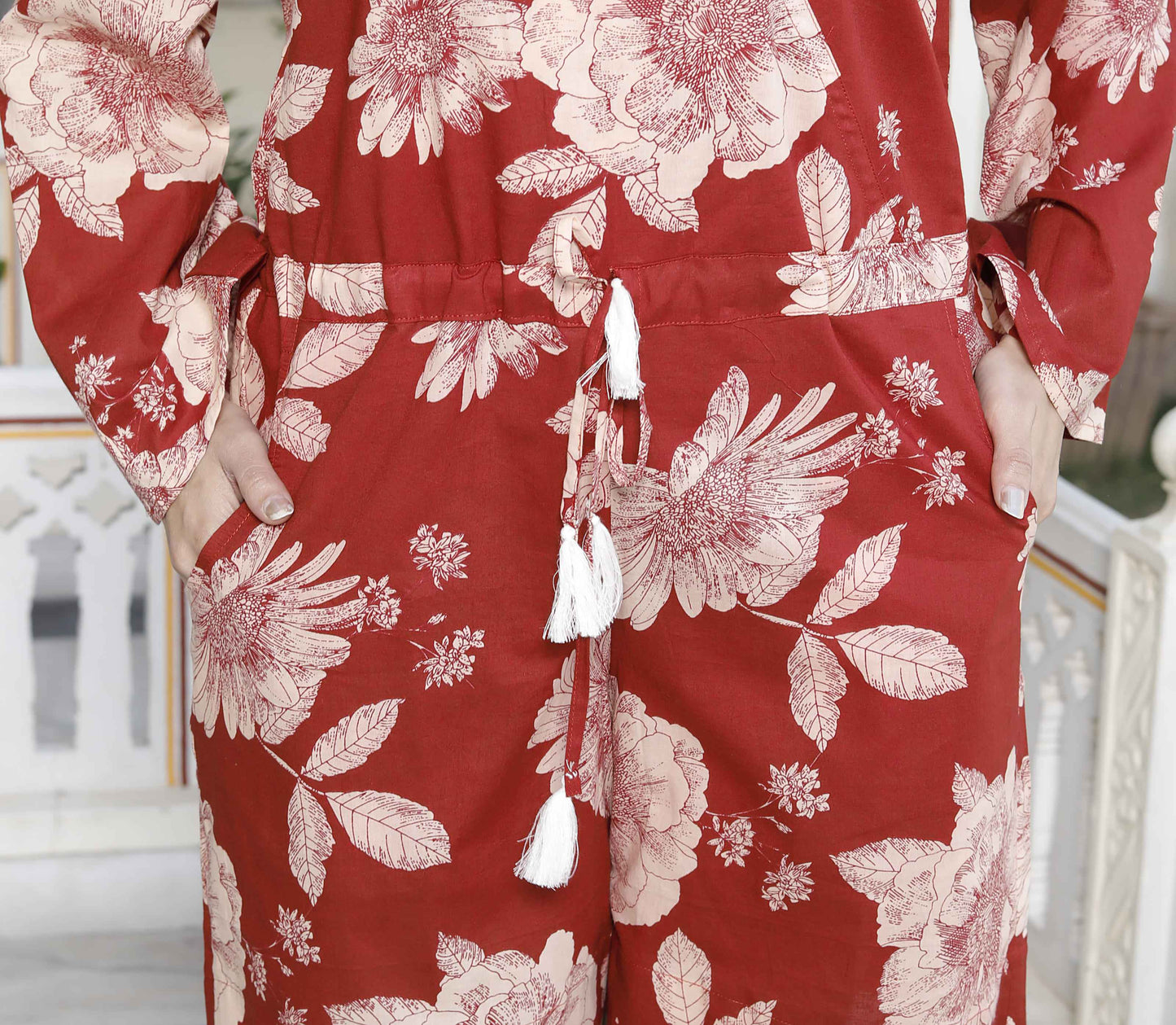 Miravan Women's Pure Cotton Red Floral Printed Long Sleeves Jumpsuit - Swadesiicart